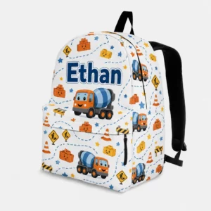 Personalized Back To School Backpack With Name For Kids, Custom Cement Mixer Truck Boys Bookbag, Cute White Bag For Elementary Boys