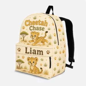 Personalized Back To School Backpack With Name For Kids, Custom Cheetah Chase Kids Bookbag, Cute Safari Wild Animal Leopard Beige Bag For Elementary