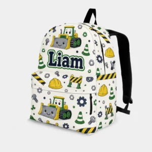 Personalized Back To School Backpack With Name For Kids, Custom Construction Bulldozer Boys Bookbag, White Bag For Elementary Boys