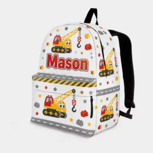 Personalized Back To School Backpack With Name For Kids, Custom Construction Crane Truck Boys Bookbag, White Bag For Elementary Boys