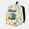 Personalized Back To School Backpack With Name For Kids, Custom Construction Dump Truck Boys Bookbag, Cream School Bag For Elementary Boys