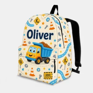 Personalized Back To School Backpack With Name For Kids, Custom Construction Dump Truck Boys Bookbag, Cream School Bag For Elementary Boys