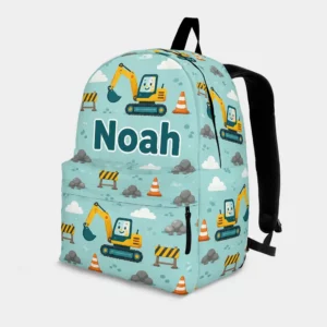 Personalized Back To School Backpack With Name For Kids, Custom Construction Excavator Boys Bookbag, Digger Traffic Mint Bag For Elementary Boys
