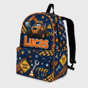 Personalized Back To School Backpack With Name For Kids, Custom Construction Truck Boys Bookbag, Excavator Work Zone Blue Bag For Elementary Boys