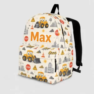 Personalized Back To School Backpack With Name For Kids, Custom Construction Truck Boys Bookbag, Yellow Digger Beige School Bag For Elementary Boys