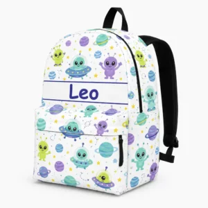 Personalized Back To School Backpack With Name For Kids, Custom Cute Alien Kids Bookbag, Outer Space Ufo Planet Bag For Elementary Boys Girls