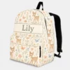 Personalized Back To School Backpack With Name For Kids, Custom Cute Deer Girls Bookbag, Woodland Floral Mushroom Cream Bag For Elementary School Girl