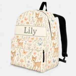 Personalized Back To School Backpack With Name For Kids, Custom Cute Deer Girls Bookbag, Woodland Floral Mushroom Cream Bag For Elementary School Girl