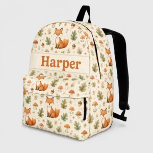 Personalized Back To School Backpack With Name For Kids, Custom Cute Fox Kids Bookbag, Woodland Forest Mushroom Cream Bag For Elementary Boys Girls
