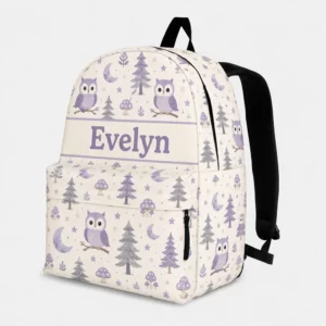 Personalized Back To School Backpack With Name For Kids, Custom Cute Owl Girls Bookbag, Woodland Forest Mushroom Cream Bag For Elementary School Girl