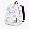 Personalized Back To School Backpack With Name For Kids, Custom Cute Planet Girls Bookbag, Pastel Rainbow Outer Space White Bag For Elementary Girls