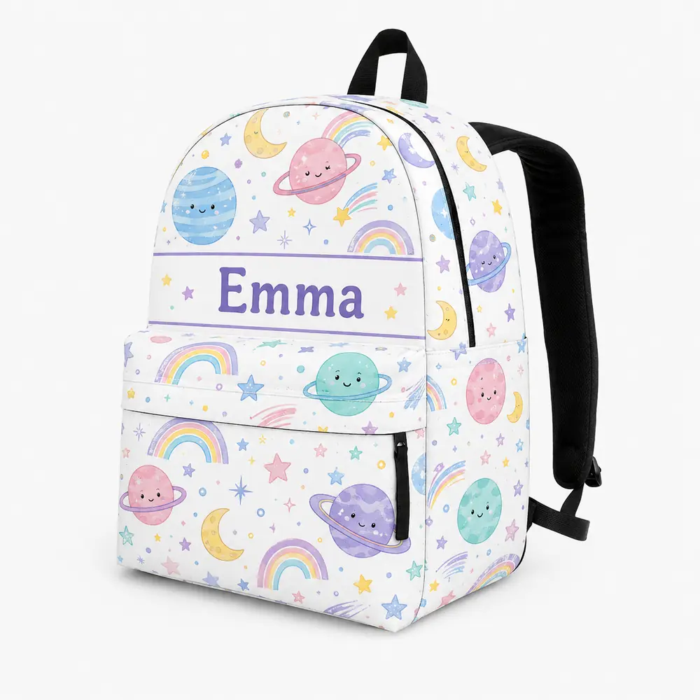 Personalized Back To School Backpack With Name For Kids, Custom Cute Planet Girls Bookbag, Pastel Rainbow Outer Space White Bag For Elementary Girls