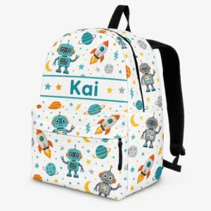 Personalized Back To School Backpack With Name For Kids, Custom Cute Robot Kids Bookbag, Outer Space Rocket Ship Bag For Elementary School Boys