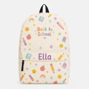 Personalized Back To School Backpack With Name For Kids, Custom Cute Watercolor School Supplies Bookbag, Pastel Smiley Face Cream Bag For Elementary