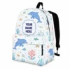 Personalized Back To School Backpack With Name For Kids, Custom Dolphin Under The Sea Bookbag, Watercolor White Ocean School Bag For Elementary Boys Girls