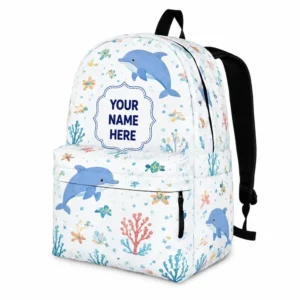 Personalized Back To School Backpack With Name For Kids, Custom Dolphin Under The Sea Bookbag, Watercolor White Ocean School Bag For Elementary Boys Girls