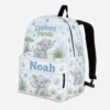 Personalized Back To School Backpack With Name For Kids, Custom Elephant Parade Kids Bookbag, Cute Safari Animal Floral Light Blue Bag For Elementary