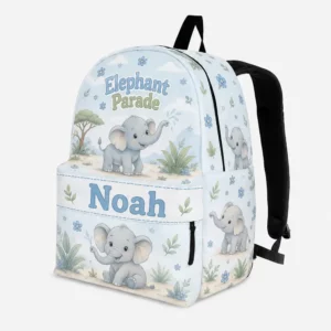 Personalized Back To School Backpack With Name For Kids, Custom Elephant Parade Kids Bookbag, Cute Safari Animal Floral Light Blue Bag For Elementary