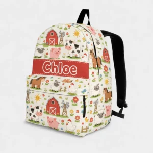 Personalized Back To School Backpack With Name For Kids, Custom Farm Animals Boys Girls Bookbag, Barn School Bag For Elementary Students