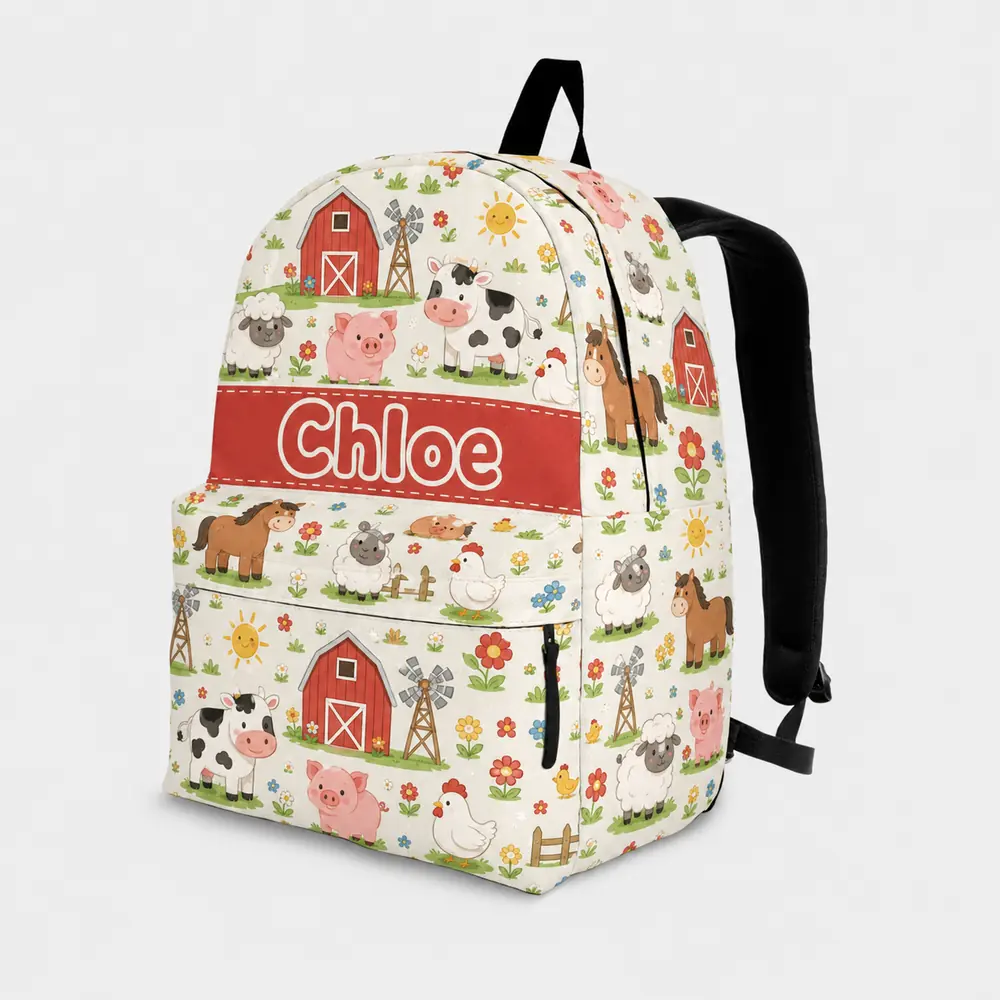 Personalized Back To School Backpack With Name For Kids, Custom Farm Animals Boys Girls Bookbag, Barn School Bag For Elementary Students