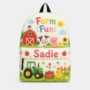 Personalized Back To School Backpack With Name For Kids, Custom Farm Fun Bookbag, Cute Red Barn Green Tractor Cow White School Bag For Elementary