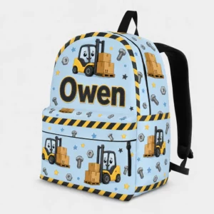 Personalized Back To School Backpack With Name For Kids, Custom Forklift Truck Boys Bookbag, Construction Bag For Elementary Boys