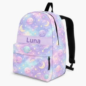Personalized Back To School Backpack With Name For Kids, Custom Galaxy Outer Space Kids Bookbag, Cute Pastel Bag For Girls