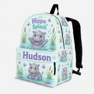 Personalized Back To School Backpack With Name For Kids, Custom Hippo Splash Kids Bookbag, Cute Safari River Animal Hippopotamus Mint Bag For Elementary