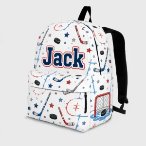Personalized Back To School Backpack With Name For Kids, Custom Ice Hockey Boys Bookbag, Sports Stick Puck White School Bag For Elementary Boys