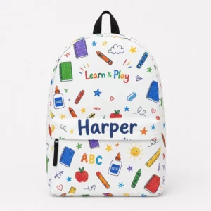 Personalized Back To School Backpack With Name For Kids, Custom Learn Play Bookbag, Cute Crayon Abc Notebook Glue White School Bag For Kindergarten