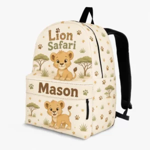 Personalized Back To School Backpack With Name For Kids, Custom Lion Safari Kids Bookbag, Cute Jungle Wild Animal King Bag For Elementary Boys