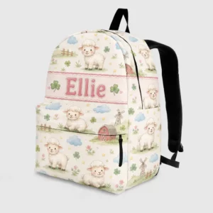Personalized Back To School Backpack With Name For Kids, Custom Little Lamb Boys Girls Bookbag, Cute Farm Animal School Bag For Elementary Students