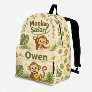 Personalized Back To School Backpack With Name For Kids, Custom Monkey Safari Kids Bookbag, Cute Jungle Tropical Animal Banana Beige Bag For Elementary