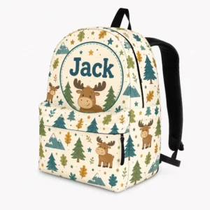 Personalized Back To School Backpack With Name For Kids, Custom Moose Boys Girls Bookbag, Mountain Forest School Bag For Elementary Students