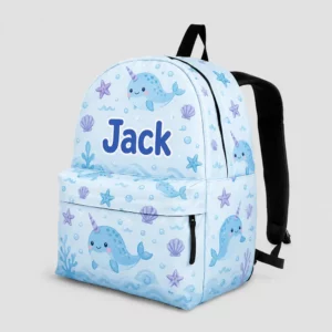 Personalized Back To School Backpack With Name For Kids, Custom Ocean Narwhal Boys Girls Bookbag, School Bag For Elementary Kids