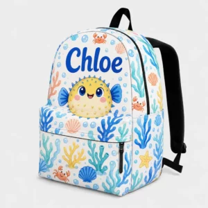 Personalized Back To School Backpack With Name For Kids, Custom Ocean Pufferfish Boys Girls Bookbag, School Bag For Elementary Kids