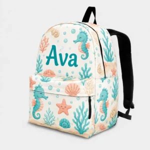 Personalized Back To School Backpack With Name For Kids, Custom Ocean Seahorse Boys Girls Bookbag, Sea School Bag For Elementary Kids