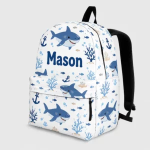 Personalized Back To School Backpack With Name For Kids, Custom Ocean Shark Boys Girls Bookbag, Sea School Bag For Elementary Kids