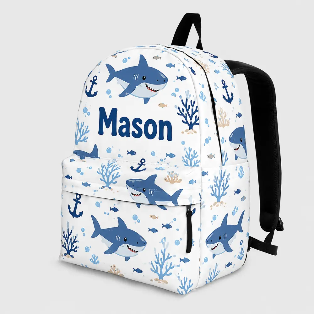 Personalized Back To School Backpack With Name For Kids, Custom Ocean Shark Boys Girls Bookbag, Sea School Bag For Elementary Kids