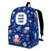 Personalized Back To School Backpack With Name For Kids, Custom Octopus Jellyfish Under The Sea Bookbag, Dark Blue Ocean School Bag For Elementary Girls Boys