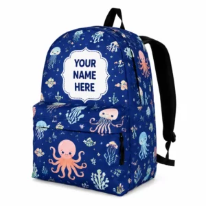 Personalized Back To School Backpack With Name For Kids, Custom Octopus Jellyfish Under The Sea Bookbag, Dark Blue Ocean School Bag For Elementary Girls Boys
