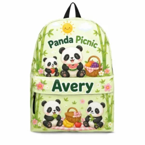 Personalized Back To School Backpack With Name For Kids, Custom Panda Picnic Bamboo Bookbag, Cute Bear Light Green School Bag For Elementary Student