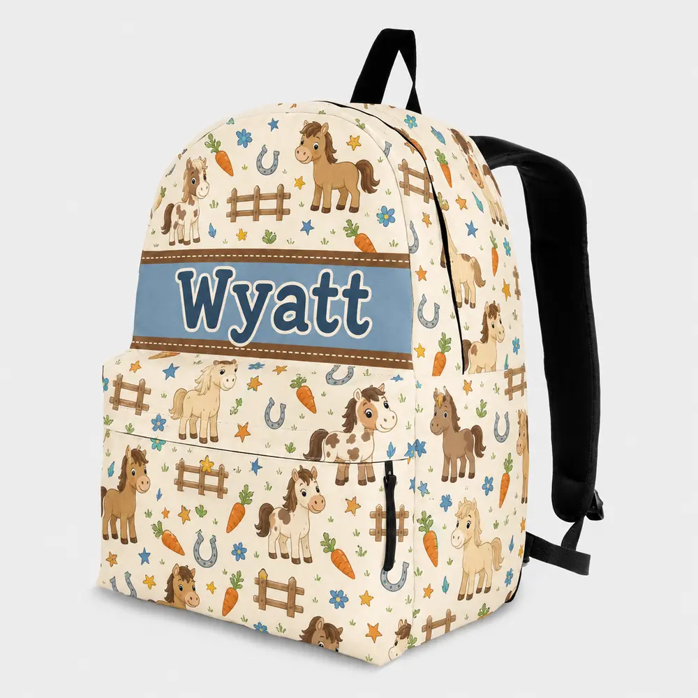 Personalized Back To School Backpack With Name For Kids, Custom Pony Boys Girls Bookbag, Farm Theme School Bag For Elementary Students