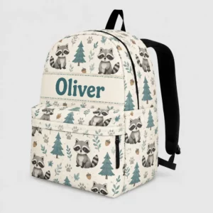 Personalized Back To School Backpack With Name For Kids, Custom Raccoon Forest Kids Bookbag, Cute Animal Bag For Elementary School