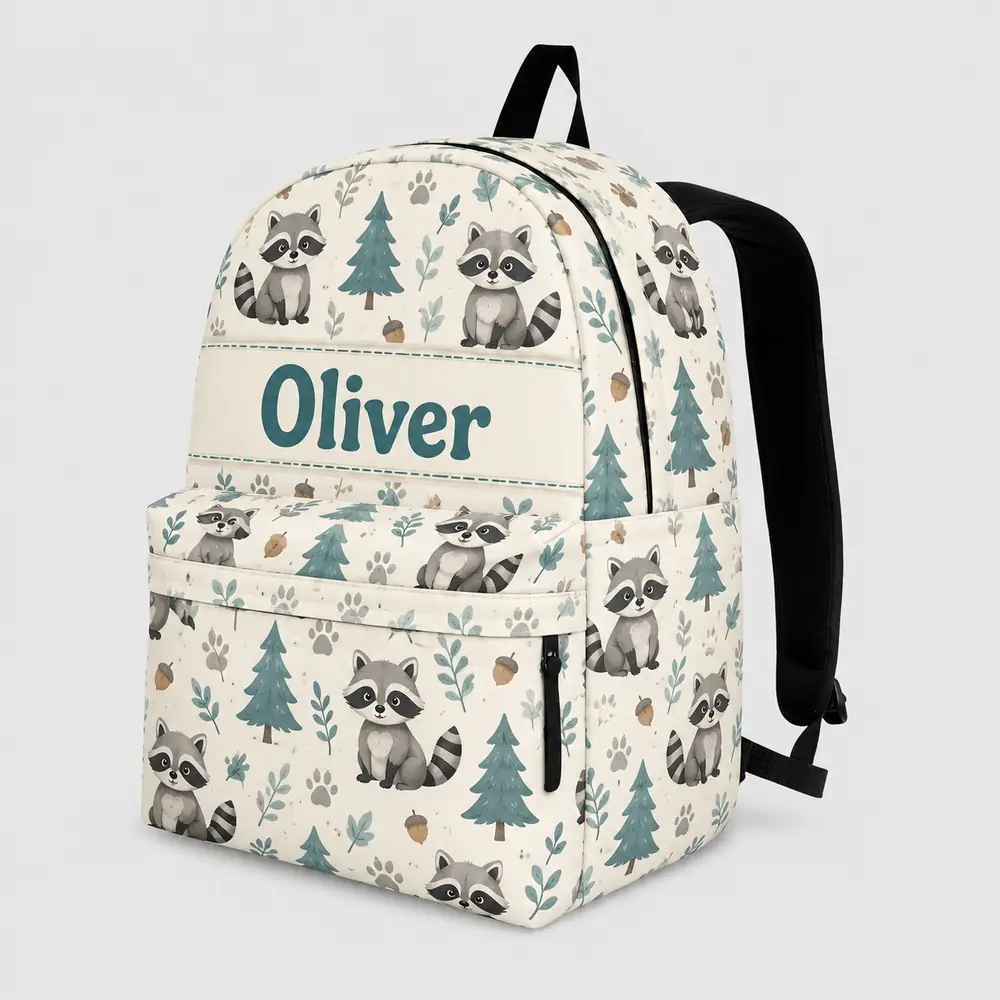 Personalized Back To School Backpack With Name For Kids, Custom Raccoon Forest Kids Bookbag, Cute Animal Bag For Elementary School
