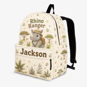 Personalized Back To School Backpack With Name For Kids, Custom Rhino Ranger Kids Bookbag, Cute Safari Explorer Rhinoceros Beige Bag For Elementary