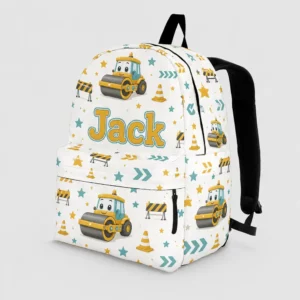 Personalized Back To School Backpack With Name For Kids, Custom Road Roller Truck Boys Bookbag, Construction Bag For Elementary Boys