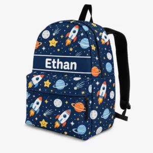 Personalized Back To School Backpack With Name For Kids, Custom Rocket Ship Kids Bookbag, Cute Outer Space Planet Bag For Elementary Boys