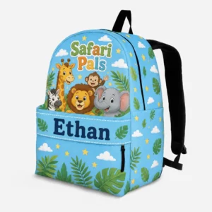 Personalized Back To School Backpack With Name For Kids, Custom Safari Pals Kids Bookbag, Cute Jungle Animal Bag For Elementary