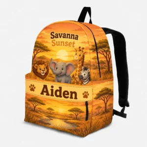Personalized Back To School Backpack With Name For Kids, Custom Savanna Sunset Kids Bookbag, Cute Jungle Safari Animal Bag For Elementary